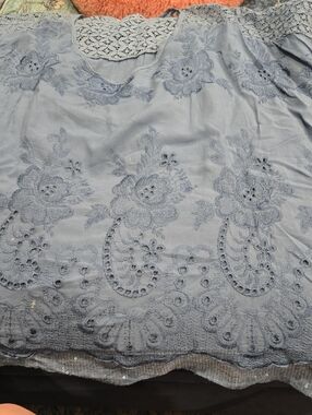Blue Hand Embroidered Floral Blouse. Made in Italy